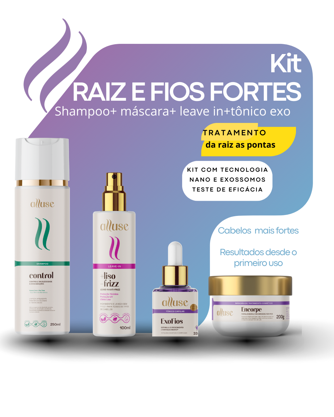 Kit Shampoo control+ Máscara Encorpe + Leave-in+ Tônico Exos