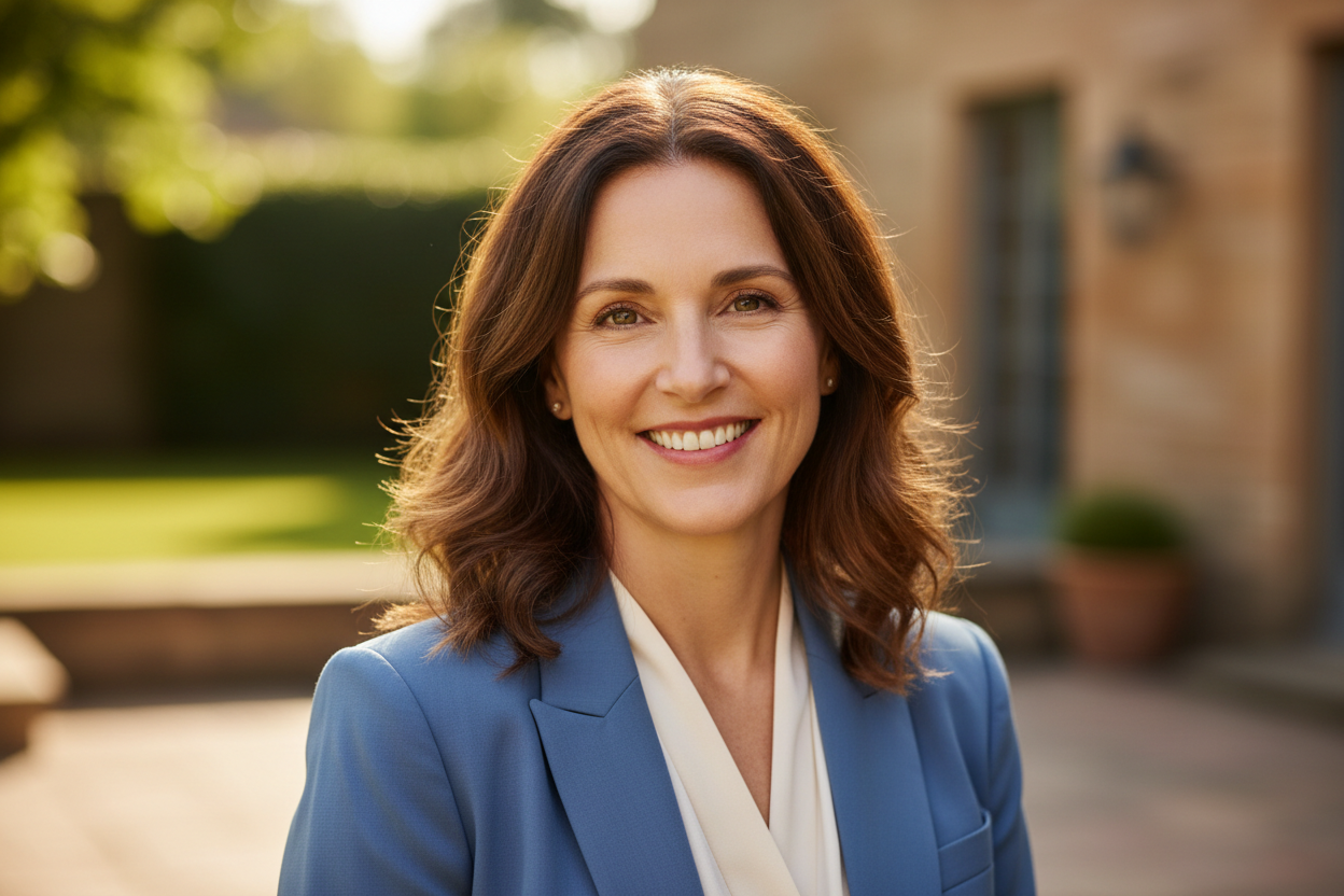 imagem de uma mullher sorridente de 45 anos cabelos marrons 