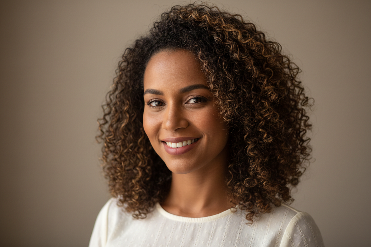 mulher de 30 anos com cabelos cacheados morena 